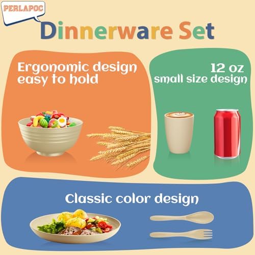 Kitchen Wheat Straw Dinnerware Sets for 4, Unbreakable Kids Dish Set 20 PCS - Dinner Plate/Cereal Bowl/Cup/Fork/Spoon, for Outdoor Camping, RV, Apartment Essentials - Beige - Image 6