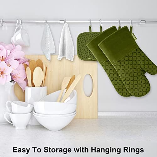 KEGOUU Oven Mitts and Pot Holders 6pcs Set, Kitchen Oven Glove High Heat Resistant 500 Degree Extra Long Oven Mitts and Potholder with Non-Slip Silicone Surface for Cooking (Olive Drab) - Image 4