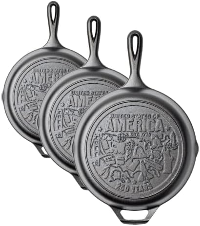 Lodge Pre-Seasoned Cast Iron Skillet, USA Icons, 10.25 Inch (Pack of 3) by Lodge