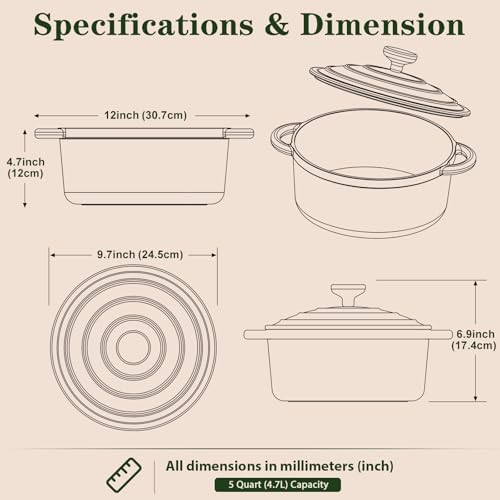 5QT Enameled Cast Iron Dutch Oven with Lid, Pot for Sourdough Bread Baking - Image 3