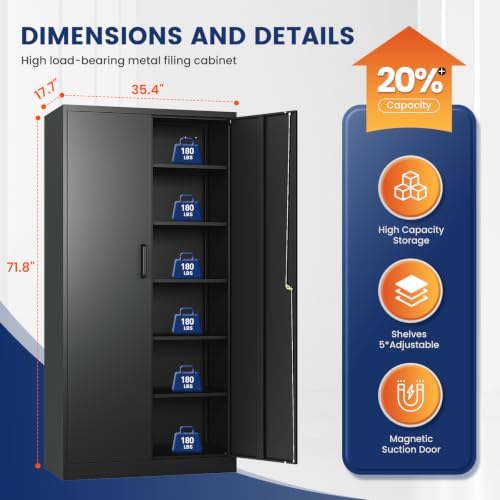Yizosh Metal Storage Cabinet with Lock - 72" Garage Storage Cabinet with 2 Locking Doors and 5 Adjustable Shelves, Black Steel Lockable for Office,Home,Garage - Image 3