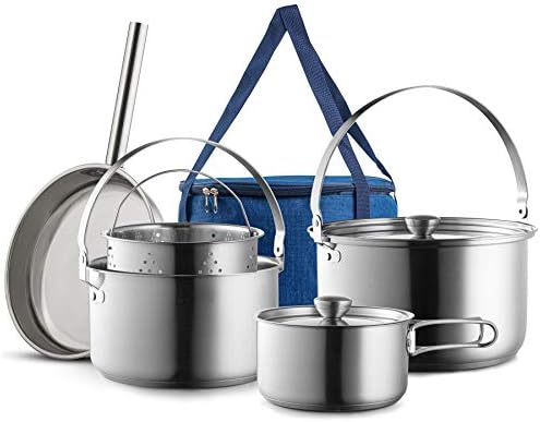 Camping Cookware Set 304 Stainless Steel 8-Piece Pots & Pans Open Fire Cooking Kit | Frying Pan Steamer with Travel Tote Bag | Compact For Outdoors & Indoors Kitchen Family Campfire Hiking RV by Wealers