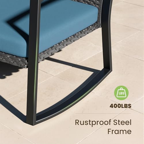 Rocking Patio Bistro Sets - All-Weather - 3 Piece Rattan Conversation Furniture Set, Wicker Outdoor Front Porch Chair for Balcony, Porch, Garden, Backyard, Poolside, Blue - Image 4