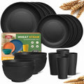 Teivio 16-Piece Kitchen Plastic Wheat Straw Dinnerware Set, Service for 4, Dinner Plates, Dessert Plate, Cereal Bowls, Cups, Unbreakable Plastic Outdoor Camping Dishes, Black Matte by Teivio
