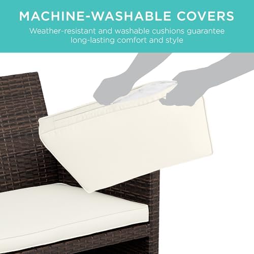 Best Choice Products 4-Piece Outdoor Wicker Patio Conversation Furniture Set for Backyard w/Coffee Table, Seat Cushions - Brown/White Sand - Image 5