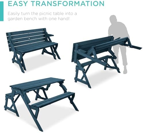 Best Choice Products 2-in-1 Transforming Interchangeable Outdoor Wooden Picnic Table Garden Bench for Backyard, Porch, Patio, Deck w/Umbrella Hole - Harbor Blue - Image 2