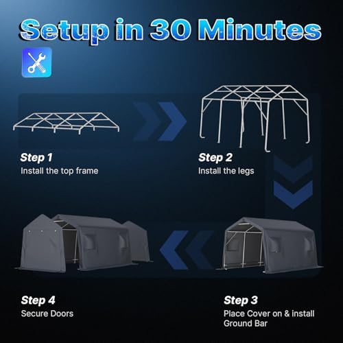 ADVANCE OUTDOOR 10X15 ft Garage Shelter Steel Metal Peak Roof Portable Storage Shed Carport for Motorcycle Boat, or Garden Tools with 2 Roll up Doors & Vents, Gray - Image 2