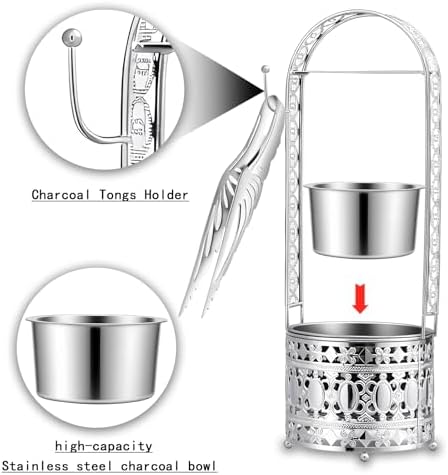 Portable Hookah Charcoal Basket with Coal Tongs,50 pre-Cut foil Sheets, 20 hygienic mouthpieces - Metal Storage Container & Holder for Shisha Accessories (Silver Basket 15.7") - Image 4