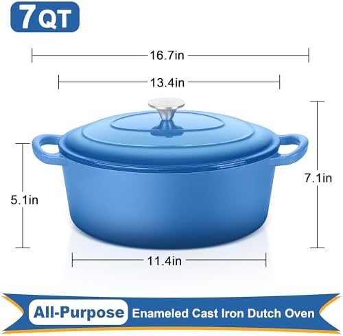 E-far 7QT Oval Dutch Oven Pot with Lid, Blue Enameled Cast Iron Dutch Oven - Image 2
