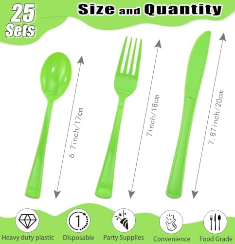 HEIPINIUYE 75 Pack Lime Green Plastic Cutlery Heavy Duty Green Plastic Knives Forks and Spoons Disposable Silverware Set for 25 Guest Camping Birthday Baby Shower Wedding Party Utensils Set - Image 3