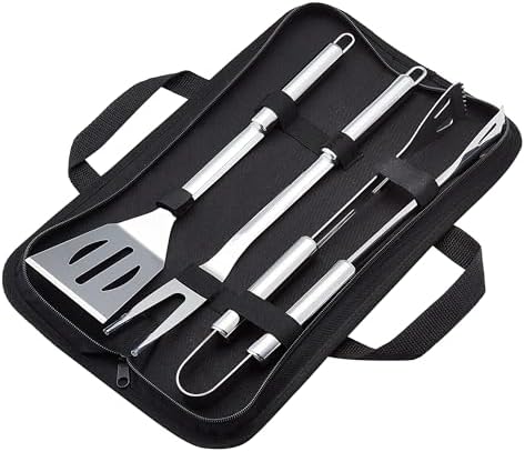 Amazon Basics 4-Piece Stainless Steel BBQ Grilling Tool Set with Carry Bag, Rust-Resistant, Dishwasher Safe by AmazonBasics
