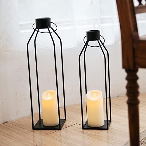 HPC Decor 22'' 19'' Lanterns Decorative w/ Flickering Timer Candles- Large Tall Black Metal Candle Lanterns Set of 2- Modern Farmhouse Decor for Indoor,Outdoor,Tabletop,Porch (No Glass) - Image 2