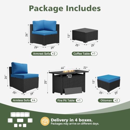 Aoxun 10 Piece Outdoor Patio Furniture Set with 44'' Fire Pit Table, Outdoor Patio Furniture Sets with Coffee Table, Wicker Rattan Outdoor Conversation Set with Ottoman for Backyard, Peacock Blue - Image 2