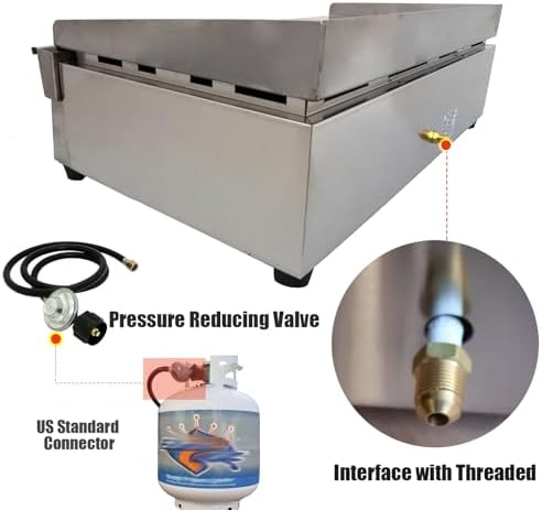 INTSUPERMAI Commercial Grill Griddle LPG Countertop Griddle Flat Top Grill Hot Plate Stove Stainless Steel Teppanyaki Grill Plate Size 28.94×16.14inchfor Restaurant Kitchen Camping Outdoor BBQ 2800Pa - Image 6