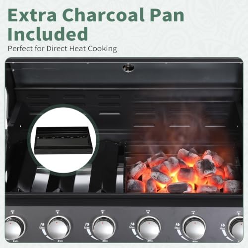 6-Burner Propane Gas BBQ Grill with Side Burner, Grill Cover, Charcoal Pan - Image 7