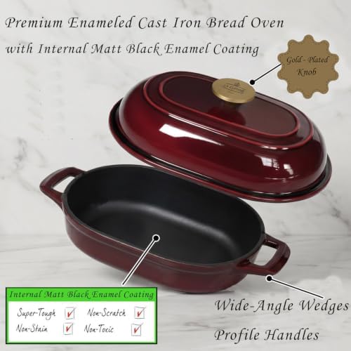 La Cuisine Enameled Cast Iron Bread Loaf Dutch Oven Oblong for Sourdough Crusty Bread & High‑Heat Baking. Oven-Safe 550°F/287°C Matte Black Enamel Interior, 5.5 QT, Cranberry - Image 5