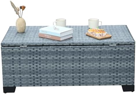 Outdoor Storage Table Wicker Patio Coffee Table All-Weather Rattan Side Table with Waterproof Cover, Grey - Image 5