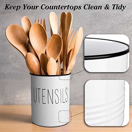 Bivvclaz Kitchen Utensil Holder, 6.7" Utensil Holder for Kitchen Counter, Cooking Utensil Crock with Cork Bottom, Modern Farmhouse Decor, Countertop Utensil Storage Caddy Organizer, White - Image 4