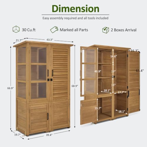 Macrout 30 Cu.Ft Outdoor Storage Cabinet with 4 Shelves for Garden, Outside Vertical Storage Wood Tool Shed with Waterproof Roof, Lockable Door for Yard and Patio Lawn W981D - Image 3