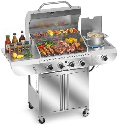 Electactic Stainless Steel 4-Burner Gas Grill with Side Burner – 42000BTU Propane BBQ Grill with Thermometer, Heavy-Duty Grill for Outdoor Patio and Backyard Cooking by Electactic