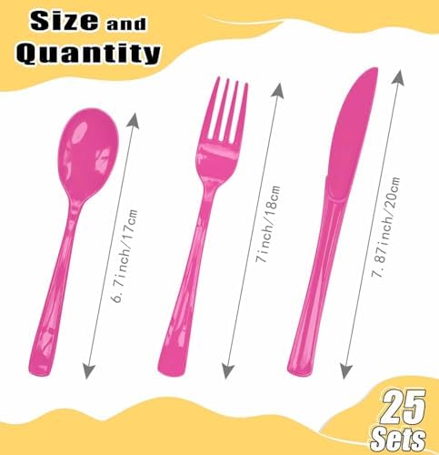 HEIPINIUYE 75 Pack Hot Pink Plastic Cutlery Heavy Duty Hot Pink Plastic Knives Forks and Spoons Disposable Silverware Set for 25 Guest Camping Birthday Baby Shower Party Cutlery Set - Image 3