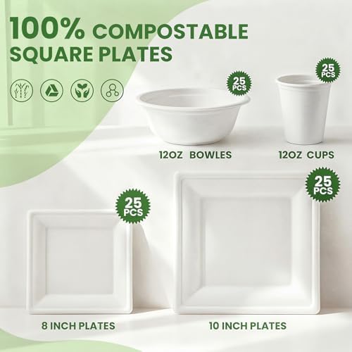 Havawish 100 Pcs Compostable Paper Plates and Bowls Set for 25 Guests, 10in & 8in Heavy Duty Sugarcane Disposable Plates 12 oz Biodegradable Cups and Paper Bowls, Party Camping Picnic(white) - Image 3