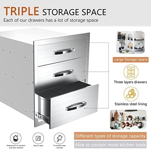 Outdoor Kitchen Drawers Stainless Steel 3-Drawer BBQ Drawer Enclosed Built-in Drawer Flush Mount For Outdoor Kitchens & BBQ Islands,20Wx23Dx27H - Image 4