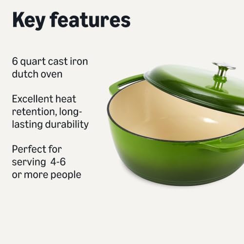 Amazon Basics Enameled Cast Iron Dutch Oven Pot With Lid, 6-Quart, Round, Dual Handles, Heavy-Duty, Oven Safe for Stews, Roasting & Baking, Green - Image 2