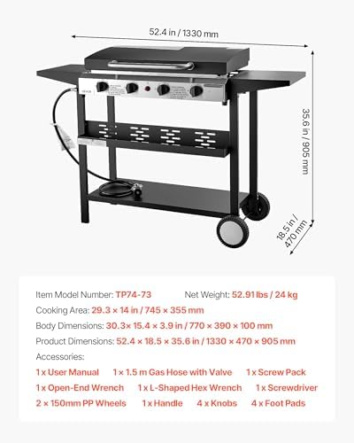 VEVOR Gas Griddle, 4-Burner Flat Top Grill, 29 inch Grill Plate Propane Griddle with Wheels, Lid, 28000 BTU Outdoor Flat Top Grills for Pan-Frying, Grilling, Stir-Frying, & BBQ, Pulse Ignition - Image 7