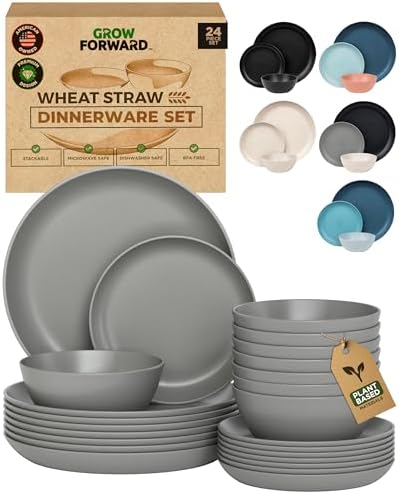 Grow Forward 24-piece Premium Wheat Straw Dinnerware Sets for 8 - Dinner Plates, Dessert Plates, Cereal Bowls - Unbreakable Microwave Safe Plastic Plates and Bowls Sets, RV, Kitchen Dishes - Feather by GrowForward