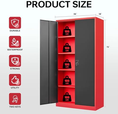 Letaya Metal Storage Cabinets with Lock, 72" Tall Locker Organizer Steel Cabinets, Adjustable Layers Shelves 2 Doors for Home, Office, Warehouse,Garage(Black Red) - Image 3
