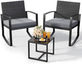 Qsun 3 Pieces Patio Furniture Set Rocking Bistro Set Outdoor Rattan Conversation with Coffee Table for Garden Balcony Backyard Poolside (Grey Cushion) by Qsun