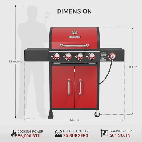 HUGROVE 4 Burner Propane Gas Grill Outdoor 56,000 BTU with Side Burner Red - Image 2