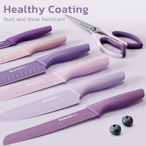 Astercook Knife Set, 13 Pieces Kitchen Knives Set with Healthy Anti-Rust Coating, Dishwasher Safe, Stainless Steel Chef Knife Sets with 6 Blade Guards, Perfect Holiday Gifts for Kitchen Purple - Image 2