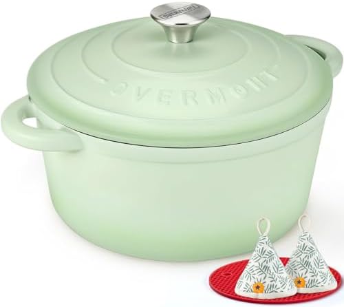 Overmont Enameled Cast Iron Dutch Oven - 7QT Pot with Lid Cookbook & Cotton Potholders - Heavy-Duty Cookware for Braising, Stews, Roasting, Bread Baking Verdant by Overmont