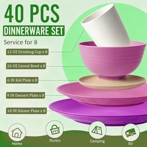 Wheat Straw Dinnerware Sets 40 PCS Bowl and Plate Sets With Cup Dishes Set for 8 Unbreakable Dish Sets Microwave Safe Plates Dinner Bowls Drinking Glasses With 4 Color - Flower Color - Image 2