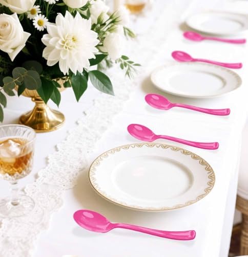 SietDESEO 25 PCS Hot Pink Plastic Spoons Disposable Utensils Heavy Duty Hot Pink Spoons Disposable Cutlery for Birthday Wedding Baby Shower Bridal Shower Plastic Silverware - Image 6