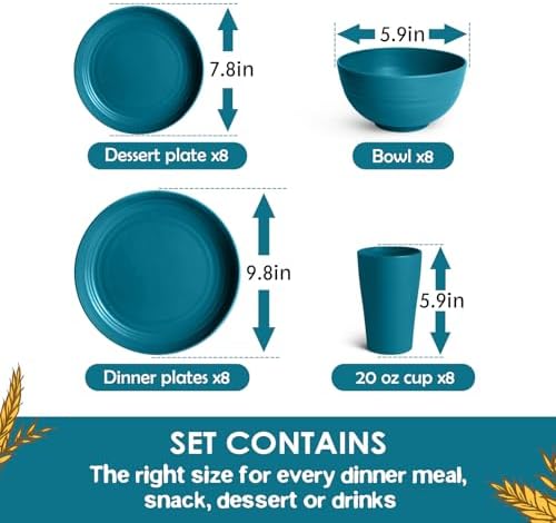 Teivio 32-Piece Plates and Bowls Sets for 8, Wheat Straw Dinnerware Sets - Image 2
