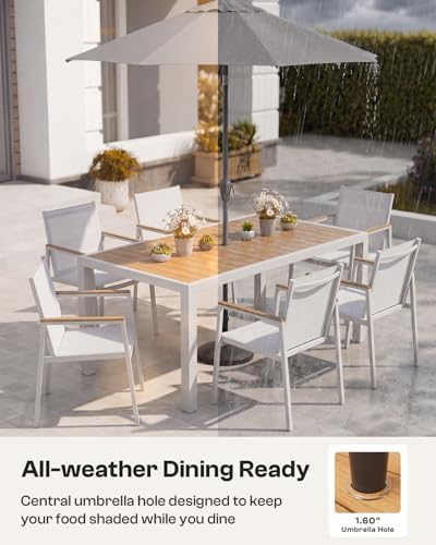 Outdoor Dining Table, Aluminum Patio Table Set, All Weather Patio Dining Furniture Set with Umbrella Hole for Backyard, Deck, Poolside (White-Teak) - Image 5