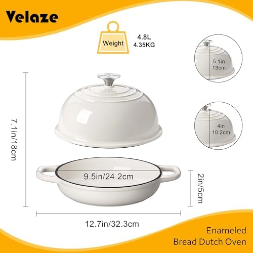 Velaze 5 QT Enameled Cast Iron Dutch Oven for Bread Baking with Dome Lid - Image 3
