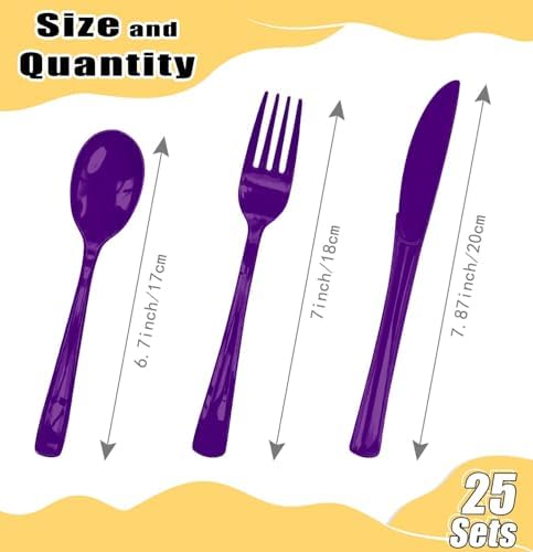HEIPINIUYE 75 Pack Purple Plastic Cutlery Heavy Duty Purple Plastic Knives Forks and Spoons Disposable Silverware Set for 25 Guest Camping Birthday Baby Shower Party Cutlery Set - Image 3