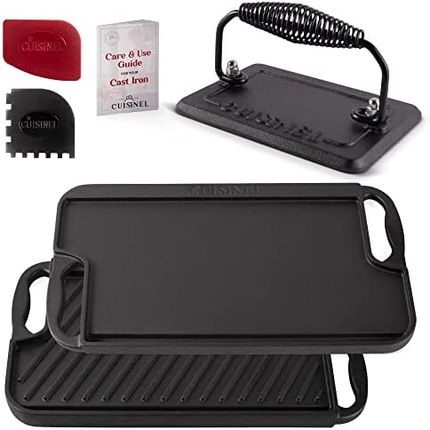 Cuisinel Cast Iron Griddle/Grill + Burger Press + Pan Scrapers - Reversible Pre-Seasoned 16.75" X 9.5"-inch Dual Handle Flat Skillet and Griller Pan + Cleaning Accessories - Indoor/Outdoor Stove Safe - Image 6