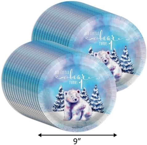 Our Little Polar Bear Turns One First Birthday - 32 Piece Disposable Party Supplies - Decorations for Winter 1st Birthday Round Party Plates - Large 9" Paper Plates In Bulk - Image 2
