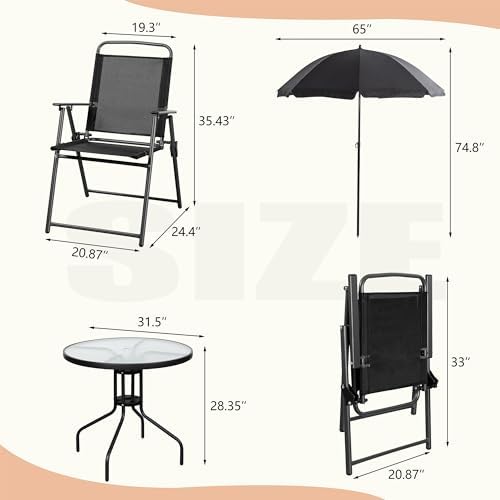 Vongrasig 6 Piece Folding Patio Dining Set,Small Metal Outdoor Garden Patio Table and Chair Set w/Umbrella for Lawn,Deck,Backyard,Black - Image 6