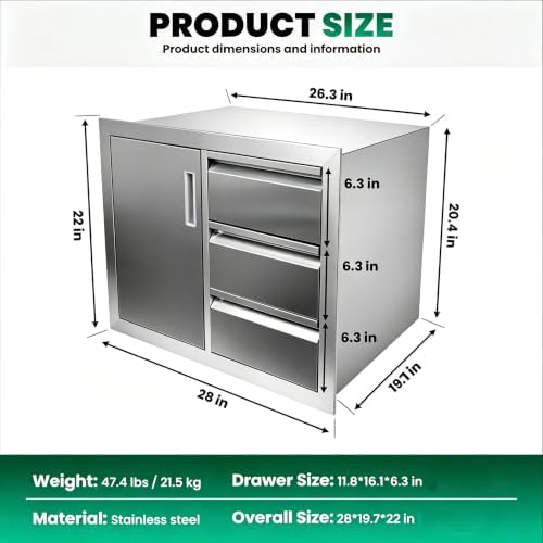 28" x 19.7" x 22" Outdoor Kitchen Cabinets, 304 Stainless Steel Cabinets - Image 2