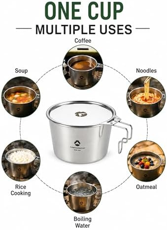 CAMPINGMOON 600ml 20oz Stainless Steel Stackable Camping Mug Lightweight Outdoor Cooking Cup Measuring Scale for Backpacking Hiking Campfire Use Soup Noodles Rice (Silver (cup+lid)) - Image 4