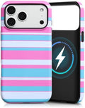 for iPhone 17 Pro Case, Magnetic Matte Frosted Dual-Layer Striped Phone Case for Women, Retro Aesthetic Cover Compatible with Mag Safe Accessories - Candy Pop by YKCZL