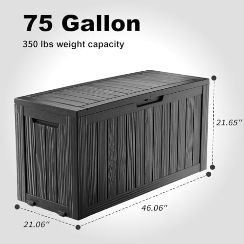 PatioZen 75 Gallon Outdoor Deck Box,Waterproof Resin Outdoor Storage Boxes, Outside Storage Lockable Container for Garden Tools,Indooor Cushions,Accessories (Black) - Image 2