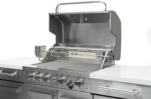 Mont Alpi Premium 70"W x 24"D Stainless Steel Compact Outdoor Kitchen Island with Access Doors + 32"W 4-Burner BBQ Gas Grill with Infrared Rear Burner + Storage Cabinets + White Granite Countertops - Image 6
