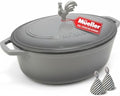 MUELLER HOME 5.5 Quart Enameled Cast Iron Oval Dutch Oven with Rooster Knob & Cotton Potholders, Heavy-Duty Cookware, Oven-Safe up to 500° F & Across All Cooktops, Gifts for Grandma & Women, Gray by MUELLERHOME